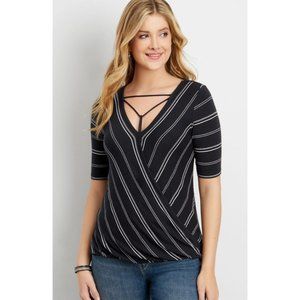 Maurices Stripe Wrap Front Tee Strappy Neckline Cut-Outs Striped Surplice Blouse